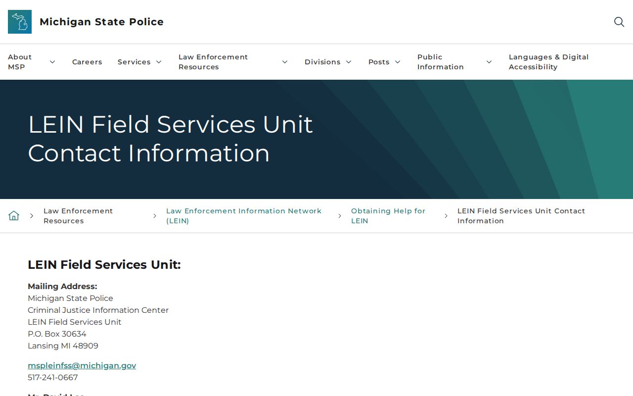 Michigan warrant system reference showing LEIN Field Services agency contact information
