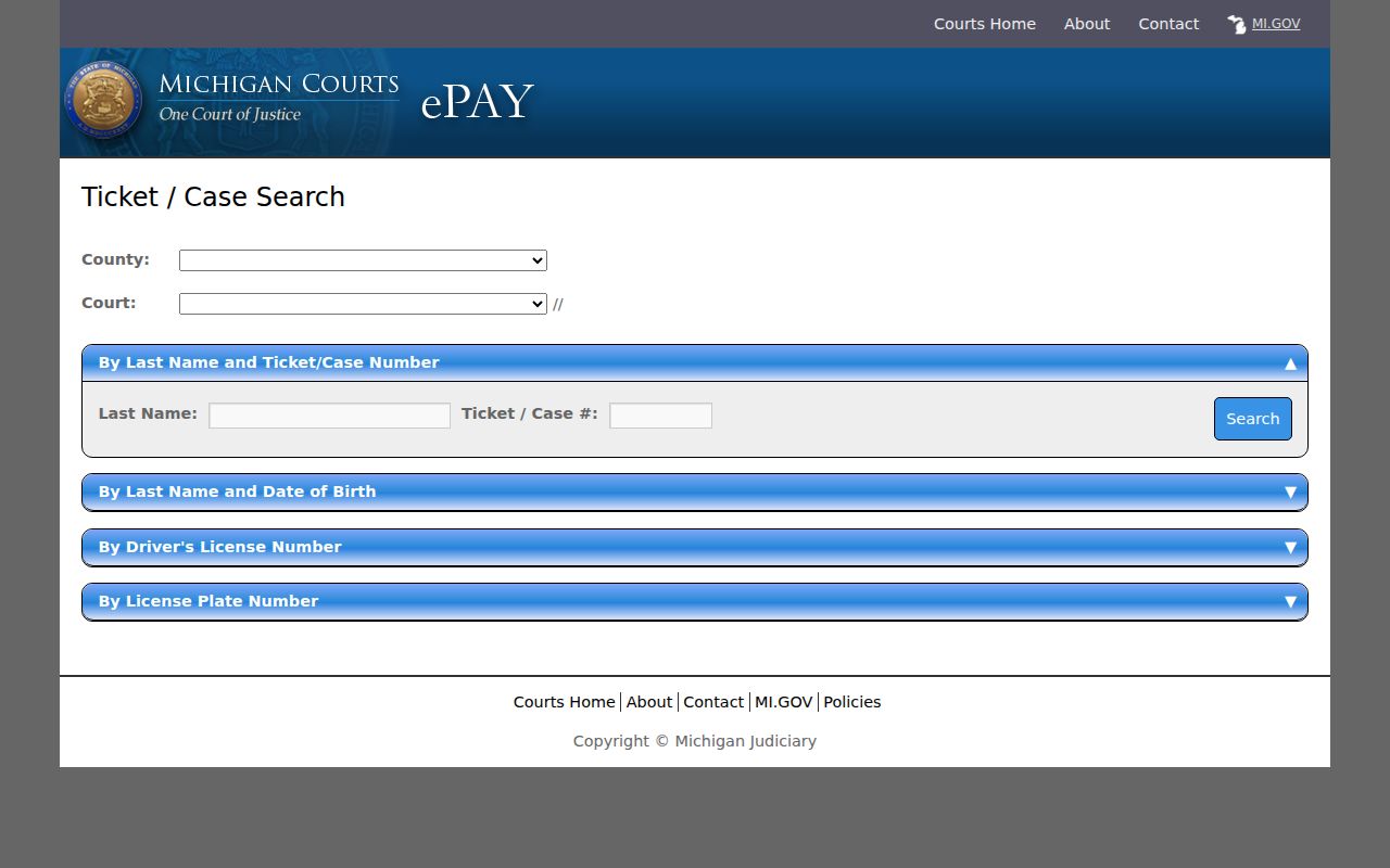 Michigan traffic warrant research: eTix county and court selectors for payable tickets