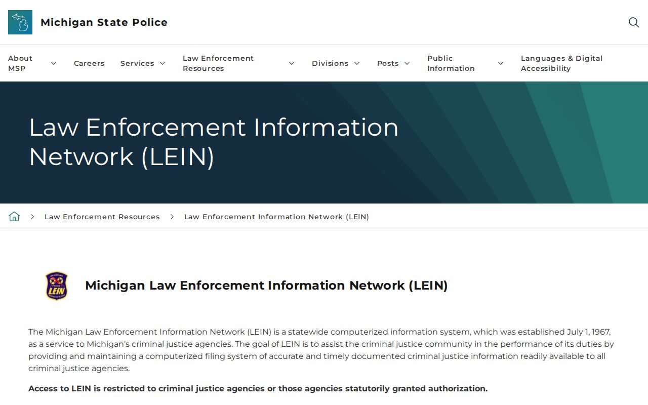Michigan warrant system reference showing MSP's explanation of restricted LEIN access