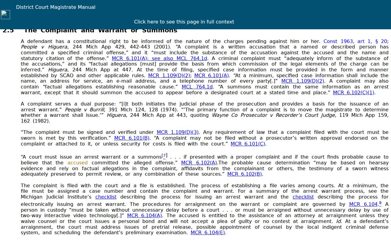 Michigan arrest warrant guidance on complaints, probable cause, and summons choice