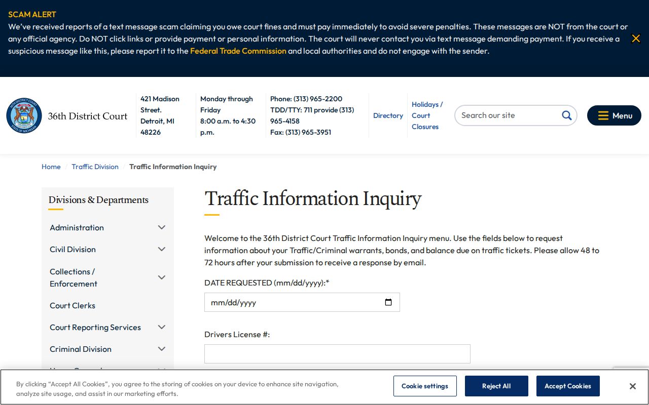 Michigan traffic warrant inquiry: court form field labels