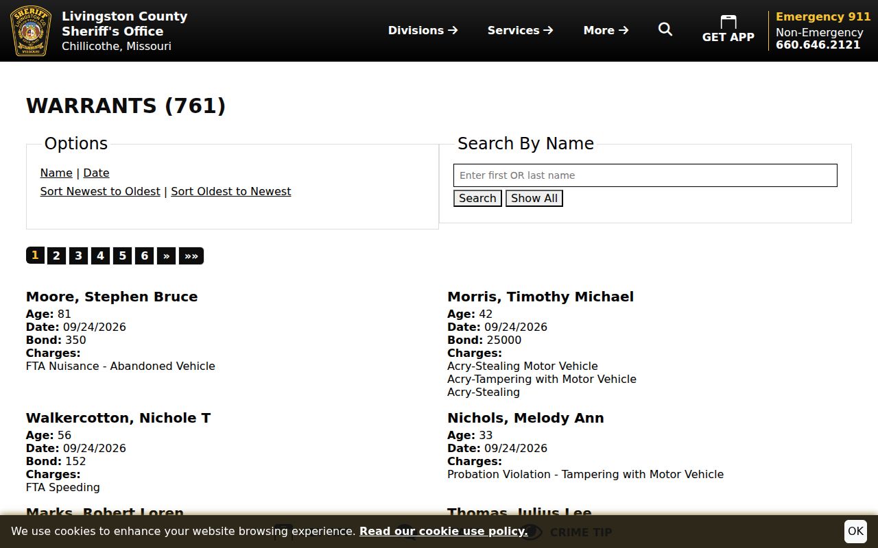 Michigan warrant search example: Livingston County search input and sort controls