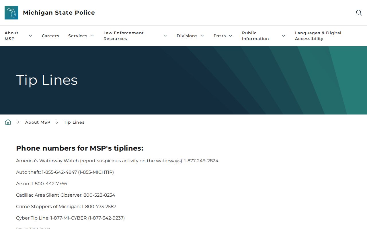 Michigan warrant records reference showing the Michigan State Police tip-lines page